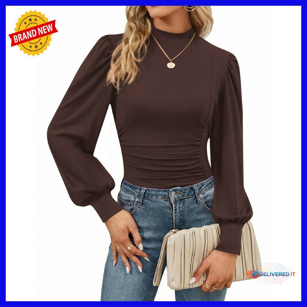 Puff Sleeve Mock Neck Ruched Blouse Women's Fitted Long Sleeve Top